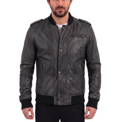 Black Bomber Leather Jacket with Button Closure