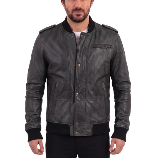 Black Bomber Leather Jacket with Button Closure