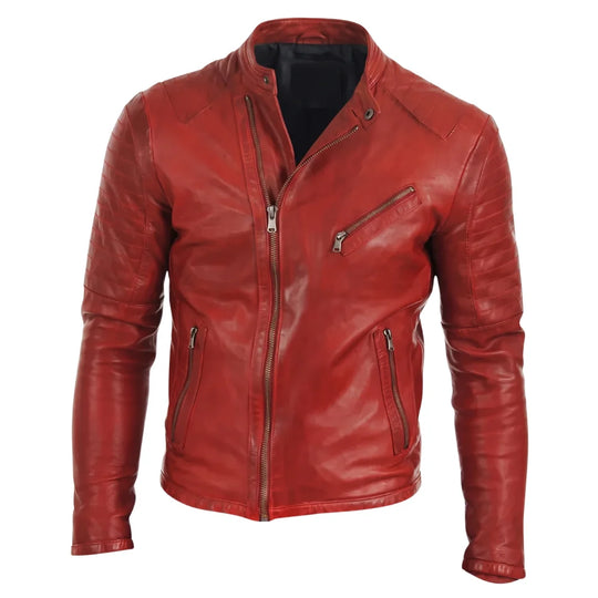 Red moto style jacket with stitching pattern