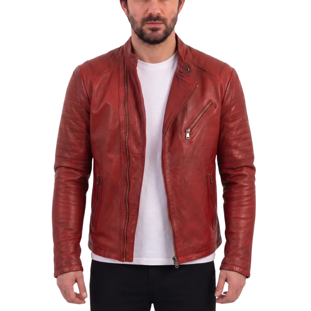 Red moto style jacket with stitching pattern