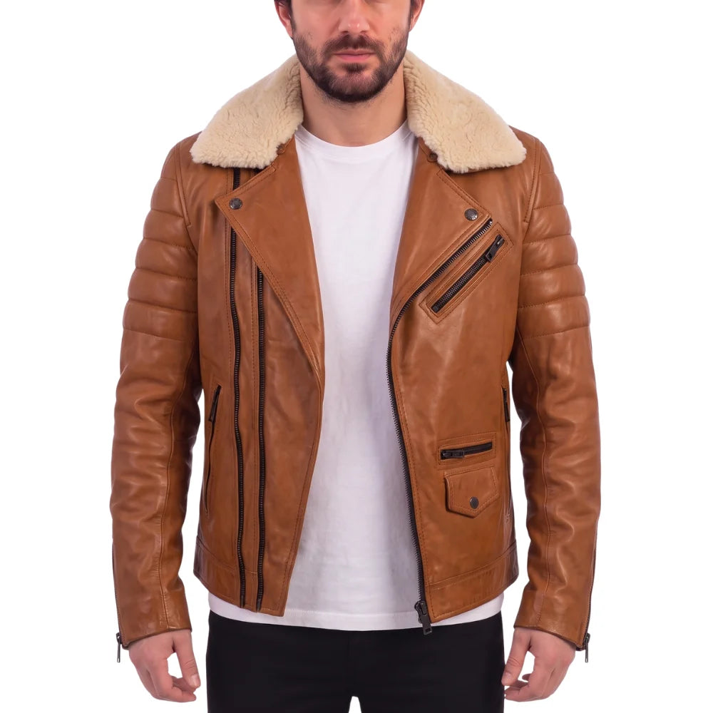 Woodwards English Tan Biker Jacket with Fur collar