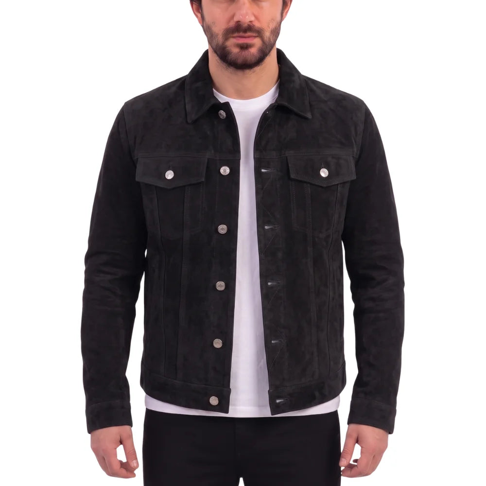 Hart's black suede trucker leather shirt