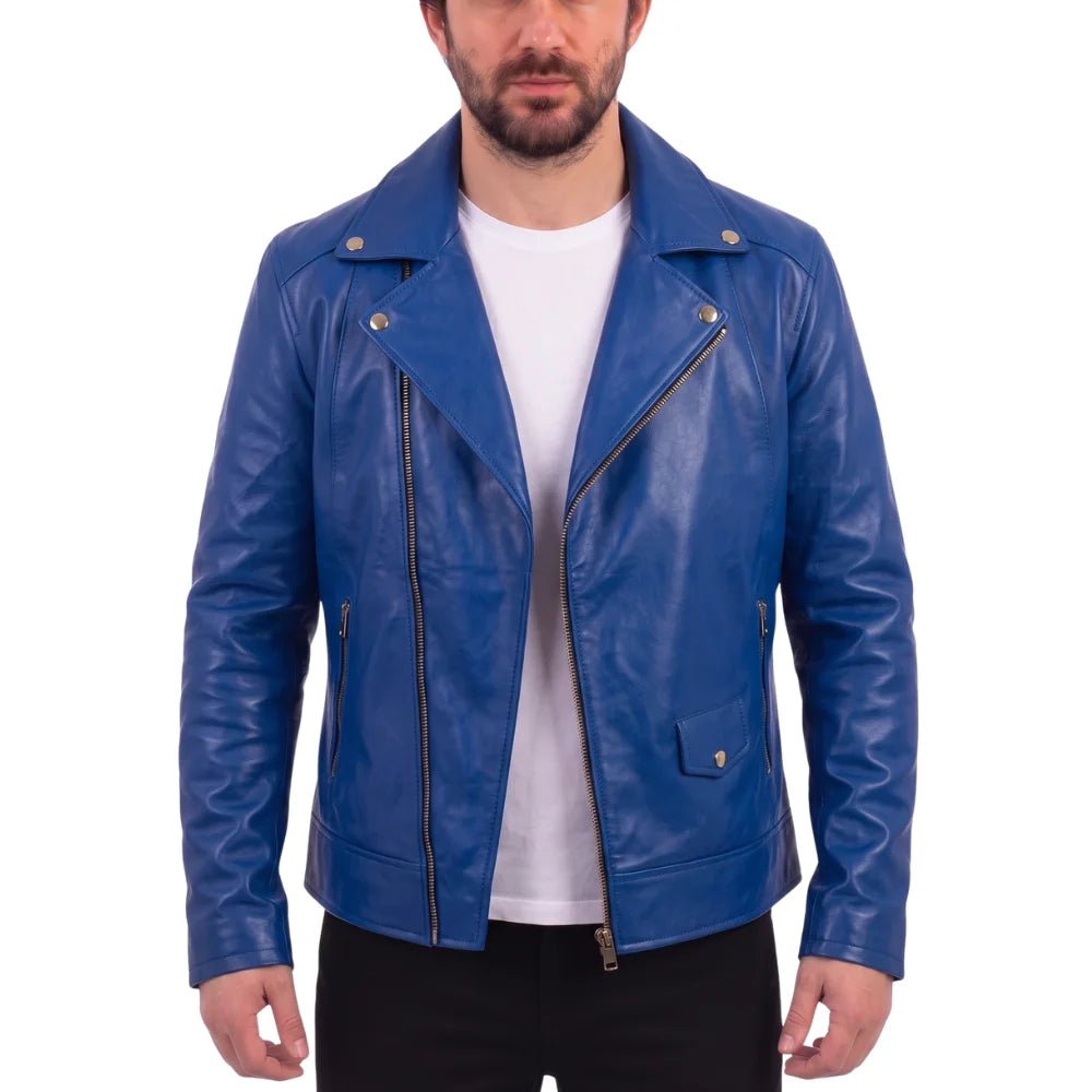 Blue Leather Biker Jacket