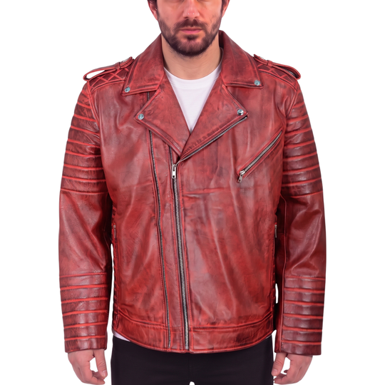 Antique Red Quilted Leather Biker Jacket