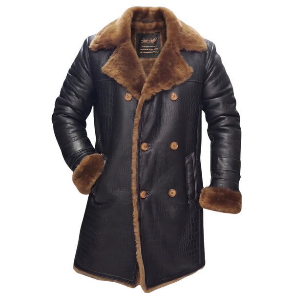 Griffin Double Breasted Black Croc Print Shearling Overcoat