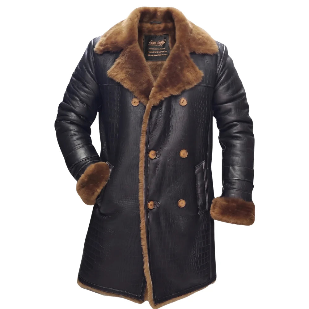 Griffin Double Breasted Black Croc Print Shearling Overcoat