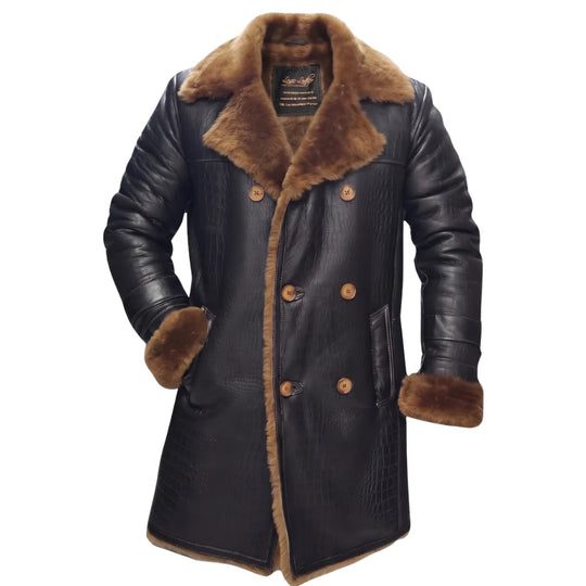 Griffin Double Breasted Black Croc Print Shearling Overcoat