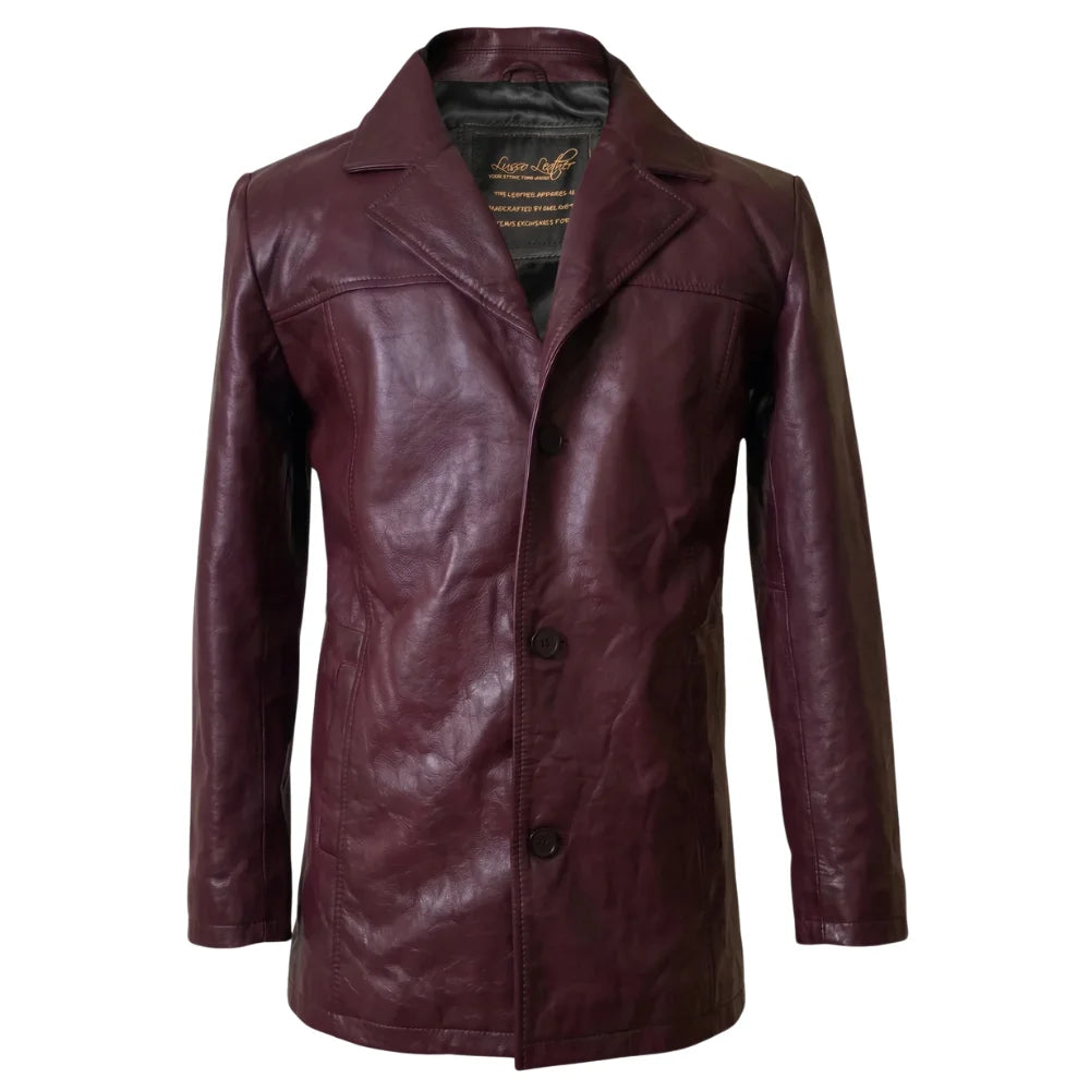 Krueger's maroon buttoned leather blazer