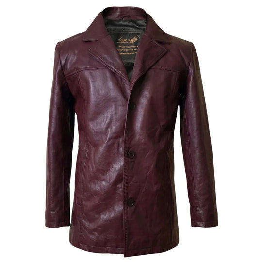 Krueger's maroon buttoned leather blazer