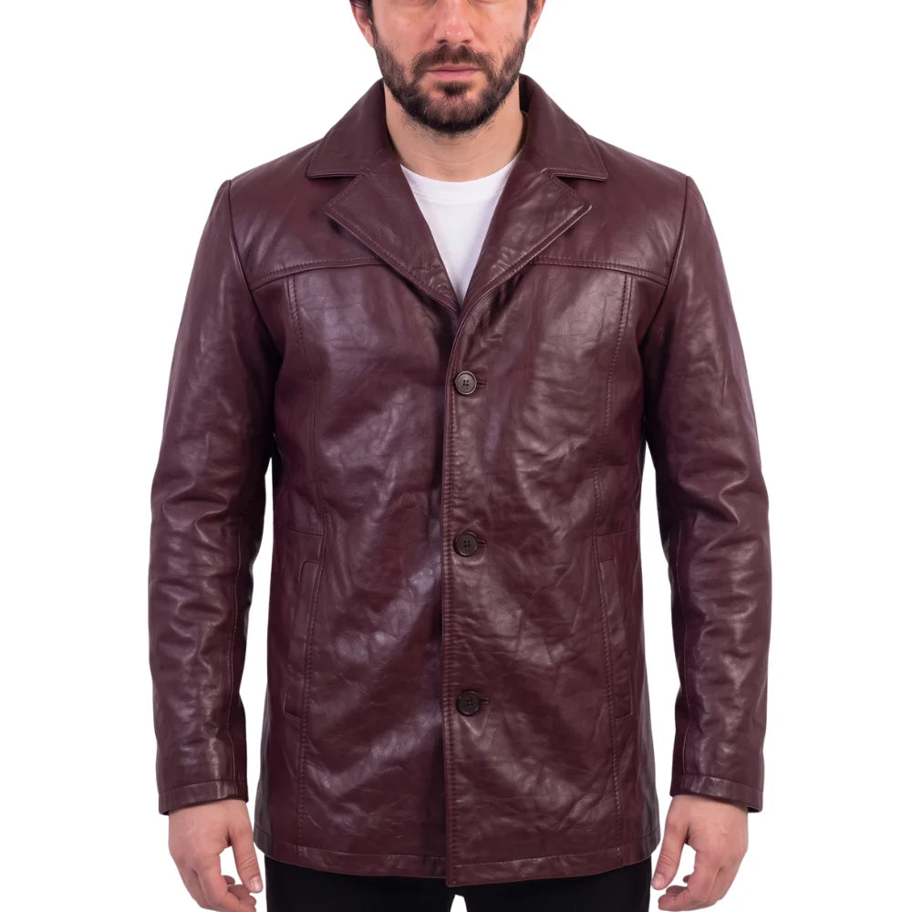 Krueger's maroon buttoned leather blazer