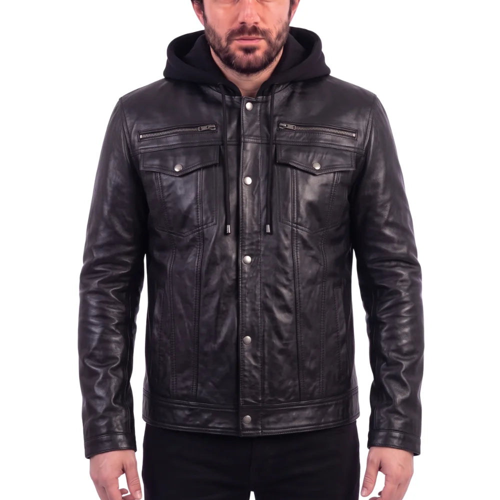 Easton Black Hooded Trucker Leather Motorcycle Jacket