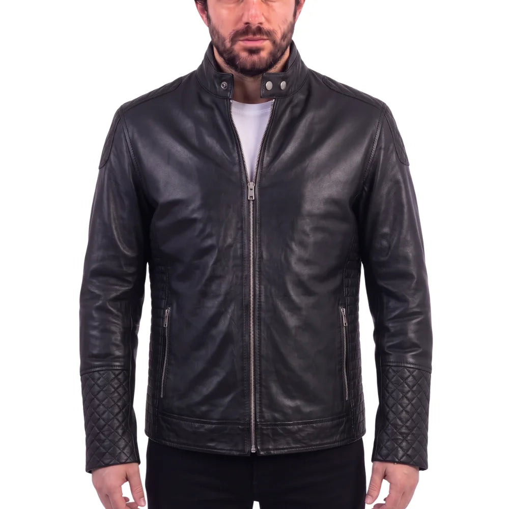 Tyrons moto style leather jacket with quilted detailing