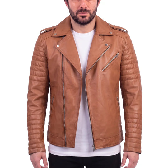 Tan Quilted Leather Biker Jacket