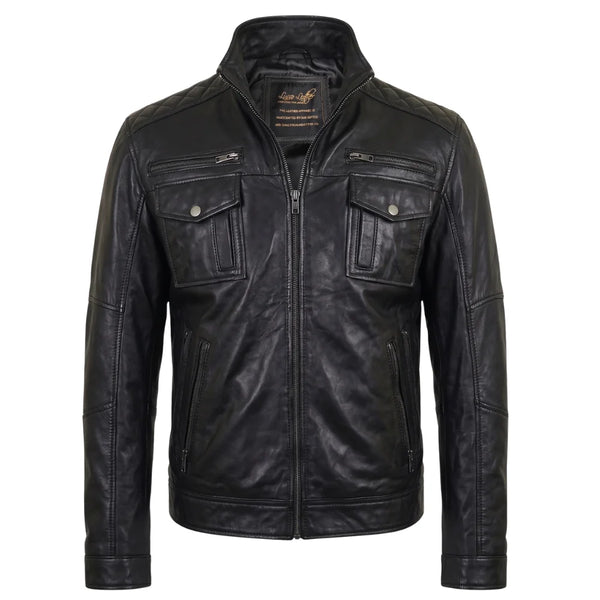 Benson zip up leather jacket with flap pockets