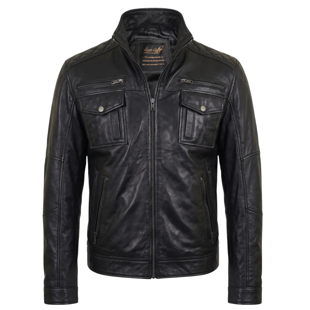 Benson zip up leather jacket with flap pockets