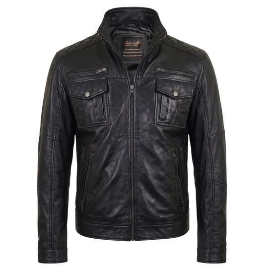 Benson zip up leather jacket with flap pockets