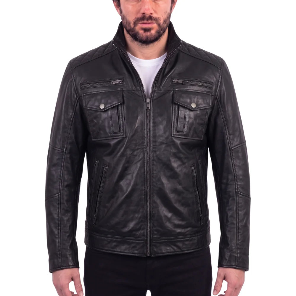 Benson zip up leather jacket with flap pockets