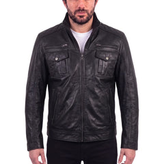 Benson zip up leather jacket with flap pockets