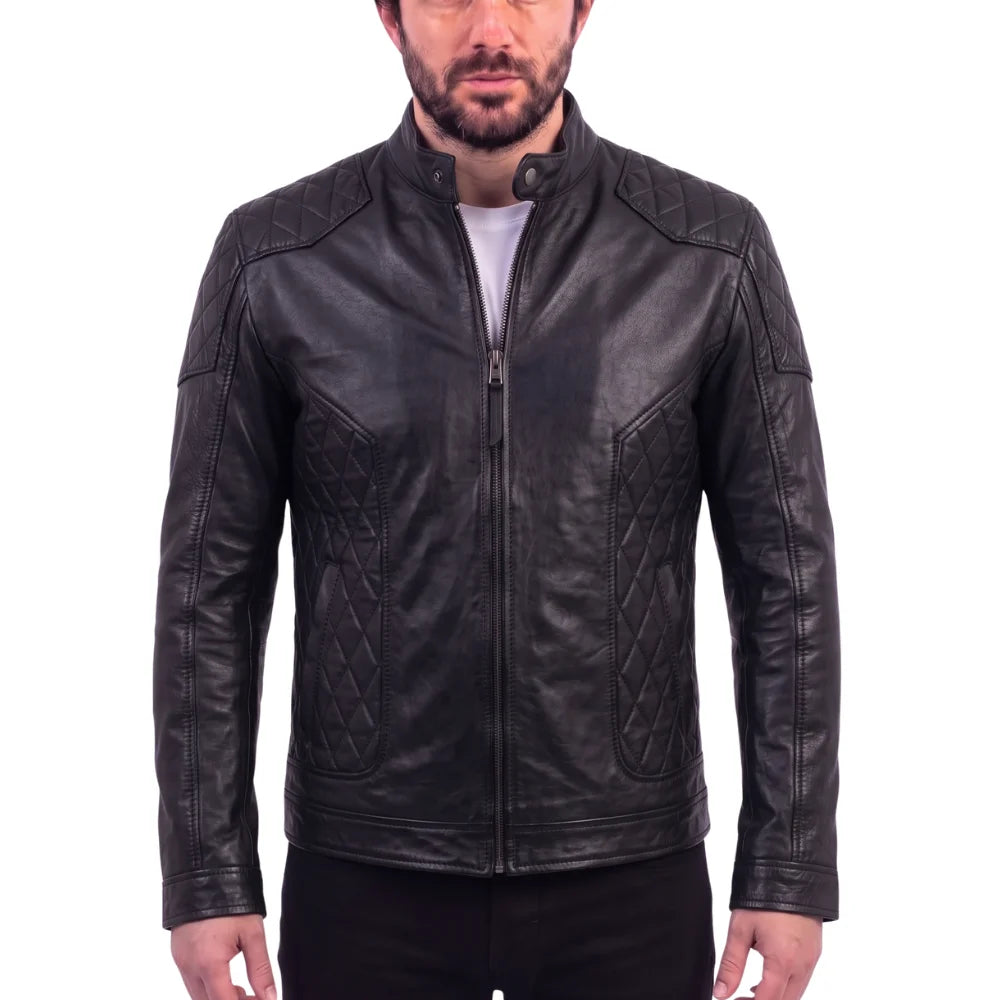 Welsh's moto style leather jacket with diamond stitching details