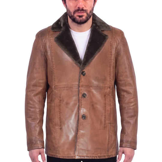 Rust leather car coat with faux fur