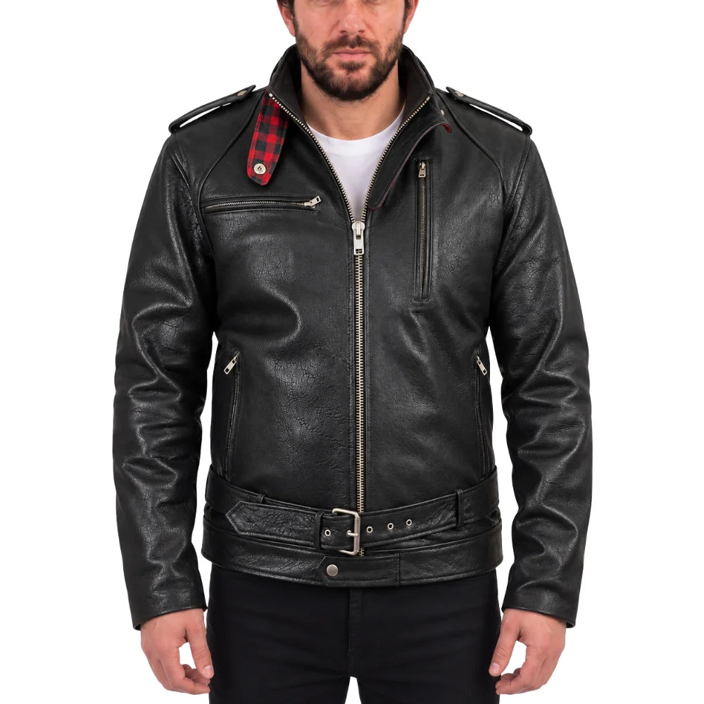 Dalton Bubble Textured moto leather jacket with collar belt