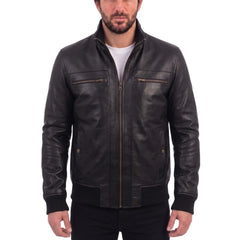 Masons Black Bomber Style Leather Jacket