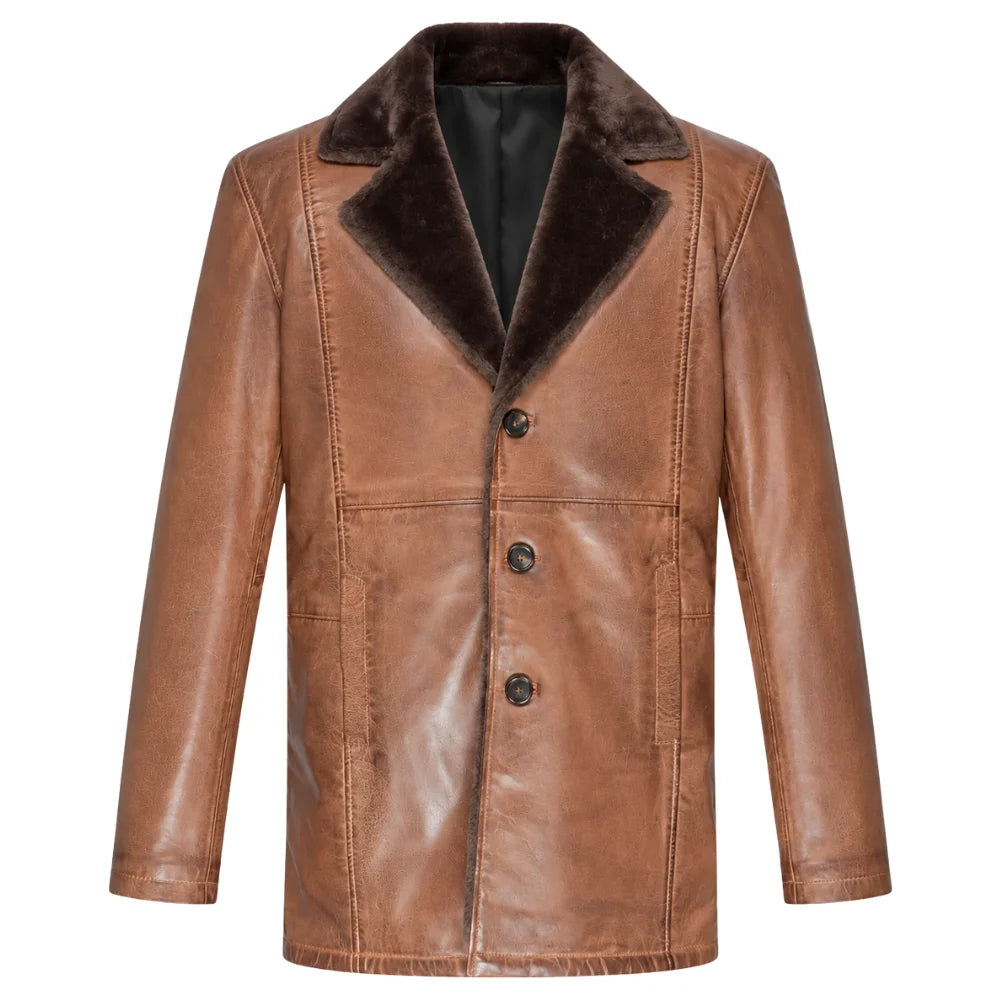 Rust leather car coat with faux fur