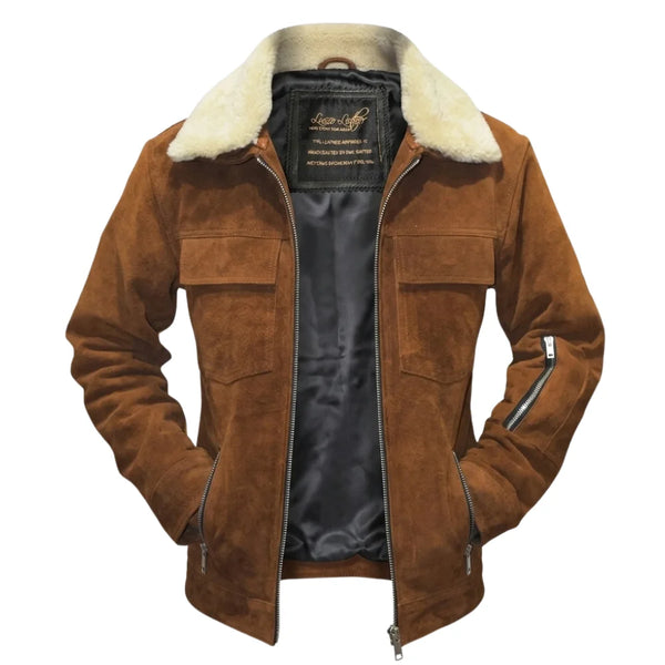 Tan Suede Bomber leather jacket with Fur collar