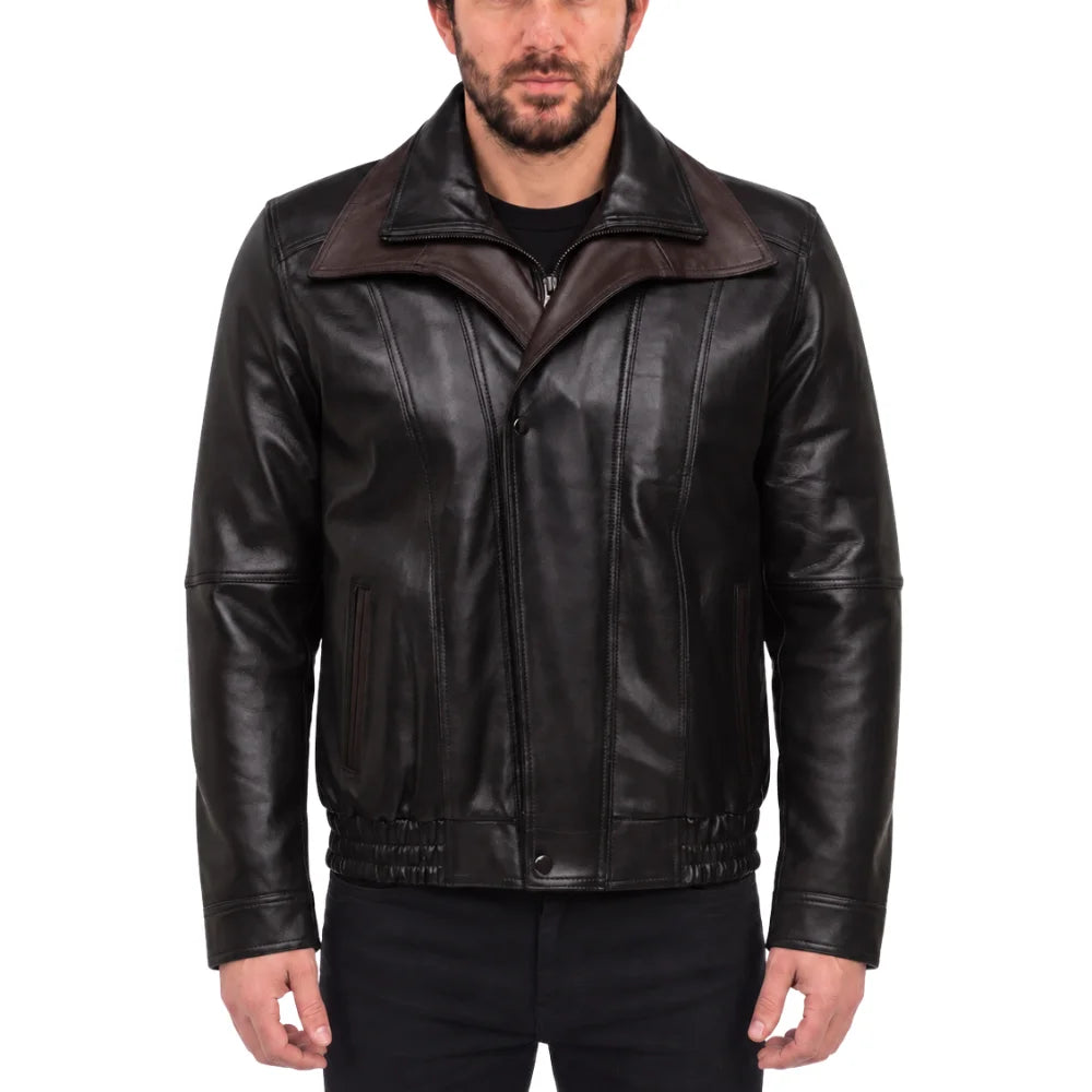 Byrne's brown and black Aviator style leather jacket with spread collars