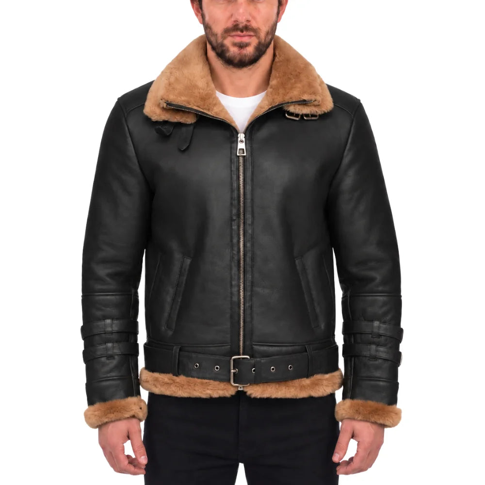 Viktor's black Aviator bomber shearling jacket