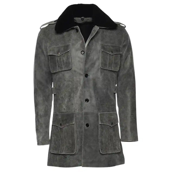 Ryder vintage grey leather coat with fur collar