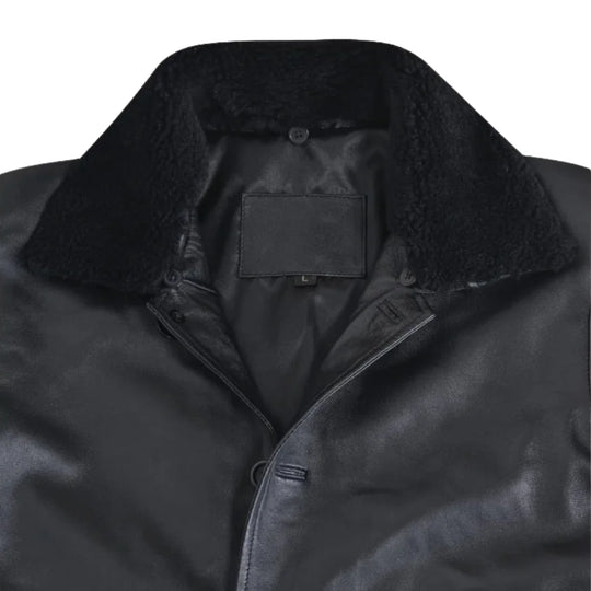 Eric's black leather car coat with fur collar