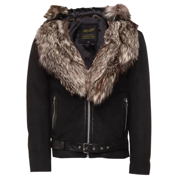 Allen Black Nubuck  Leather jacket with Real Fox Fur on collar and hoodie