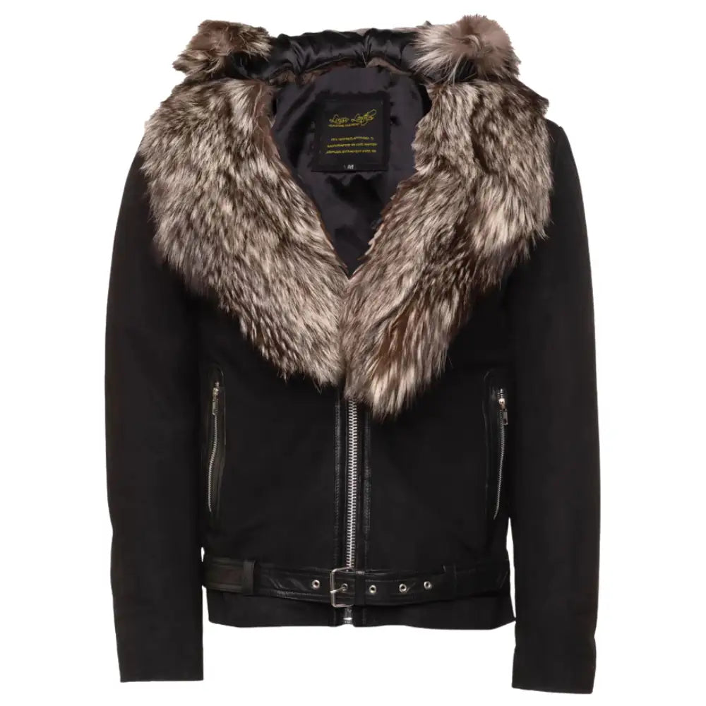 Allen Black Nubuck  Leather jacket with Real Fox Fur on collar and hoodie