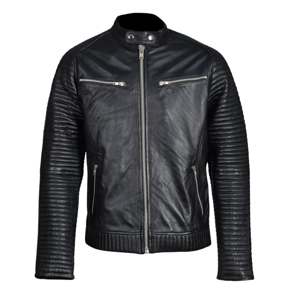 Haworths moto style leather jacket with ribbed stitched sleeves