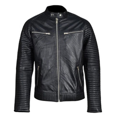 Haworths moto style leather jacket with ribbed stitched sleeves