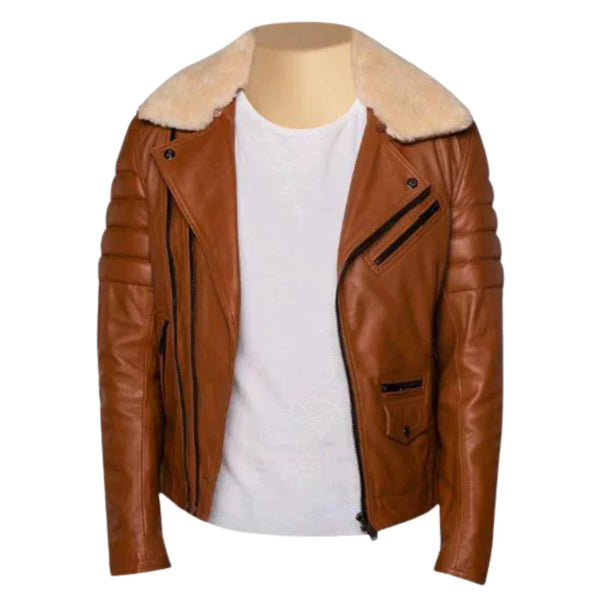 Woodwards English Tan Biker Jacket with Fur collar