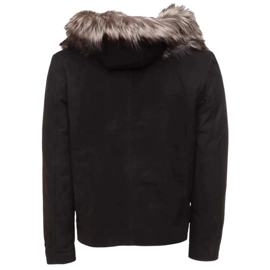 Allen Black Nubuck  Leather jacket with Real Fox Fur on collar and hoodie