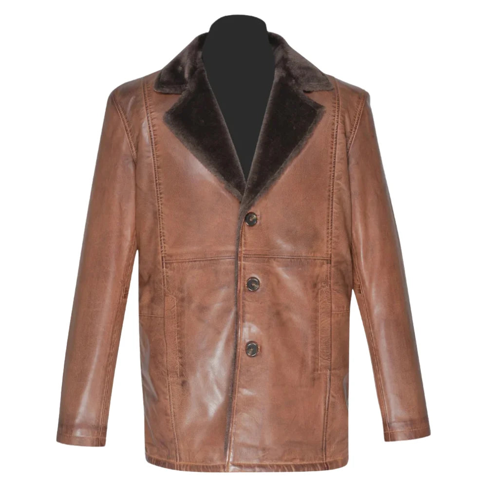 Rust leather car coat with faux fur