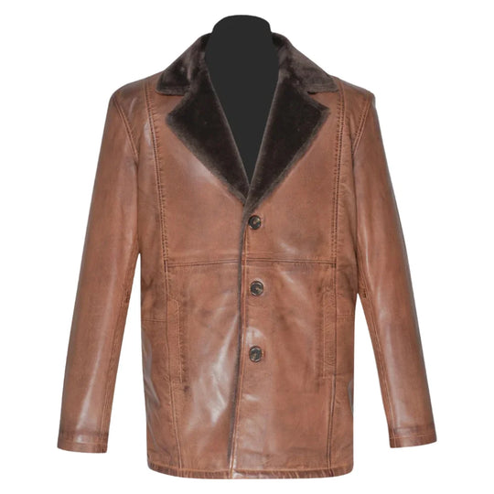 Rust leather car coat with faux fur