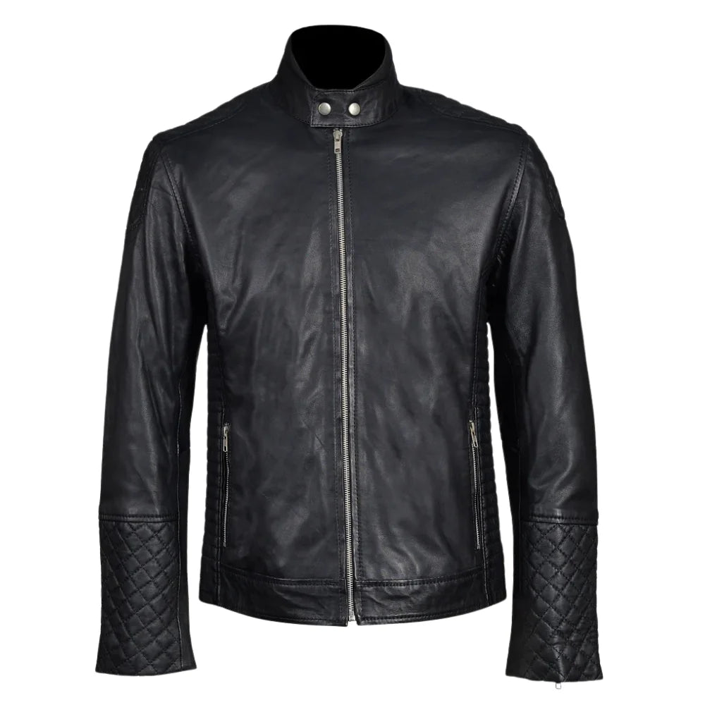 Tyrons moto style leather jacket with quilted detailing