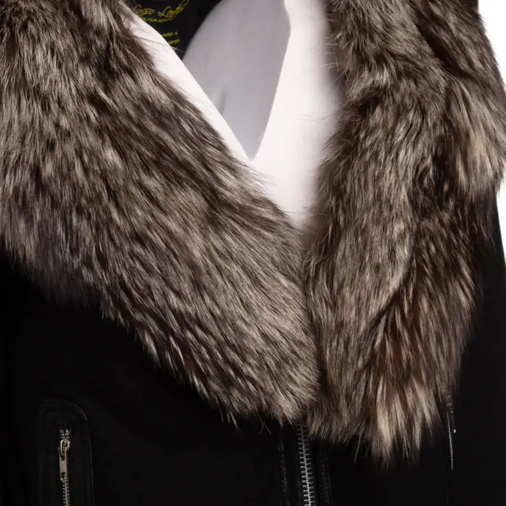 Allen Black Nubuck  Leather jacket with Real Fox Fur on collar and hoodie