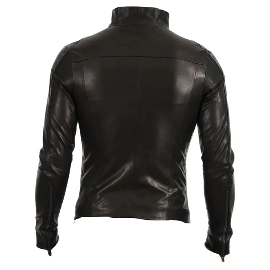 Black leather jacket with high neck pullover