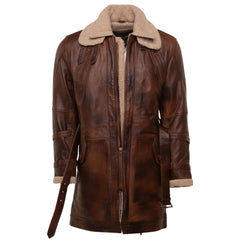 Vintage Rust 3/4 Leather Trench coat with Sherpa Lining