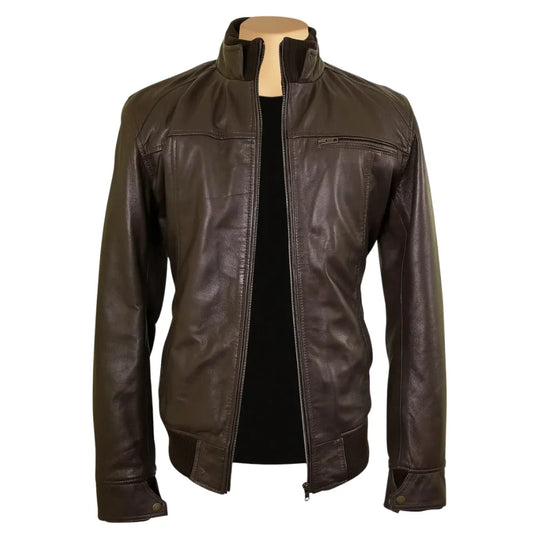 Brown leather jacket with straight ribbed collar, cuffs and hem