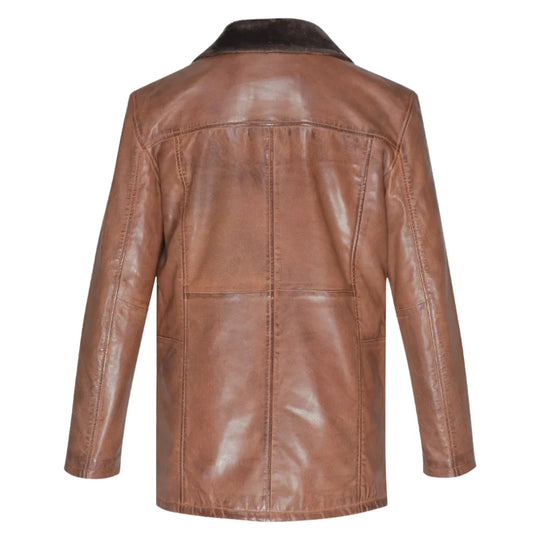 Rust leather car coat with faux fur