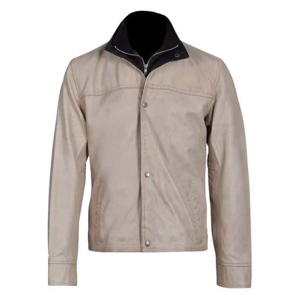 Barnes Bone White Hand Waxed Double Collar Leather Jacket