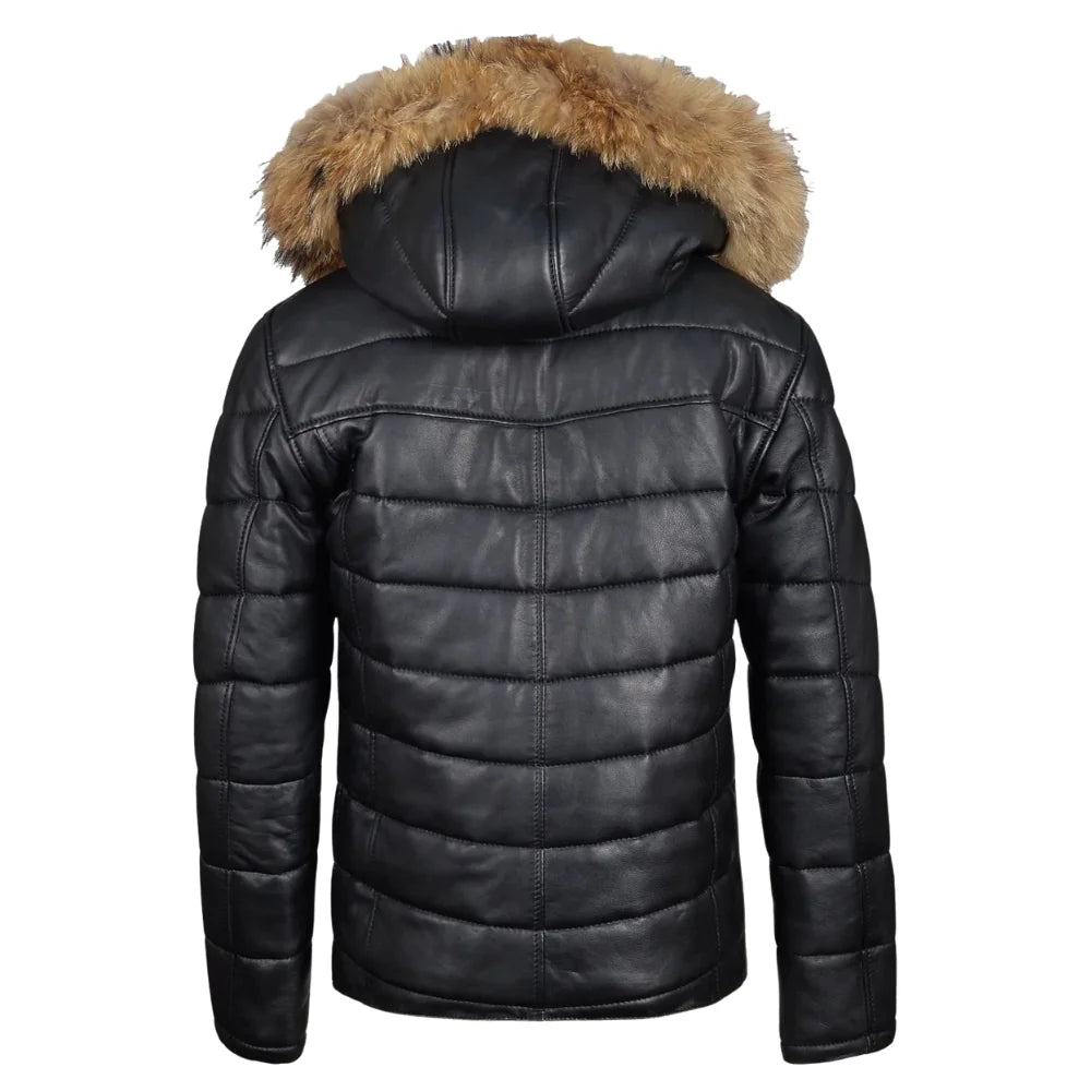 Rossi's polyfill winter leather jacket with fur on hoodie