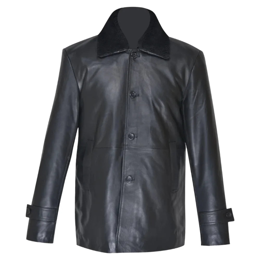 Eric's black leather car coat with fur collar