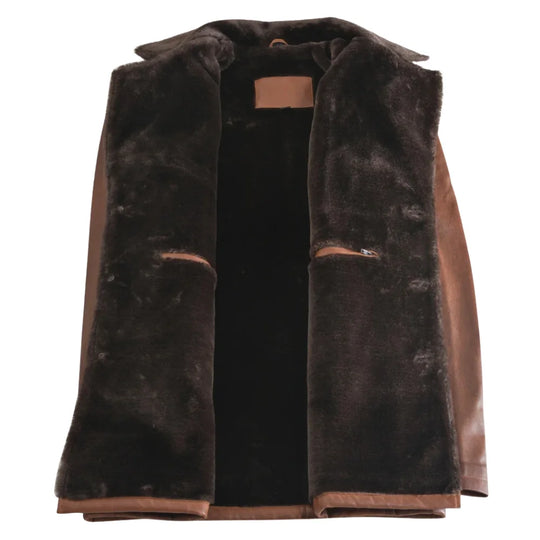 Rust leather car coat with faux fur